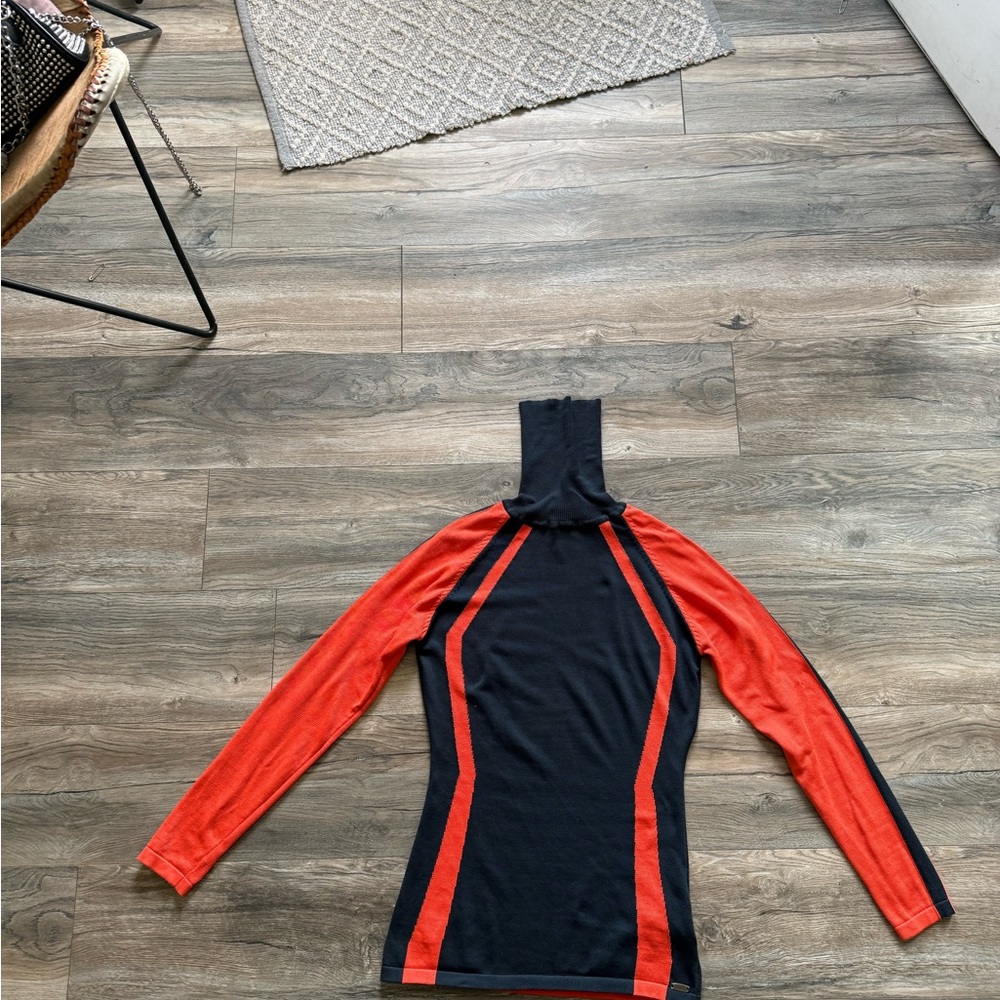 Dark blue/ Grey and orange Long Sleeve Turtleneck Top
